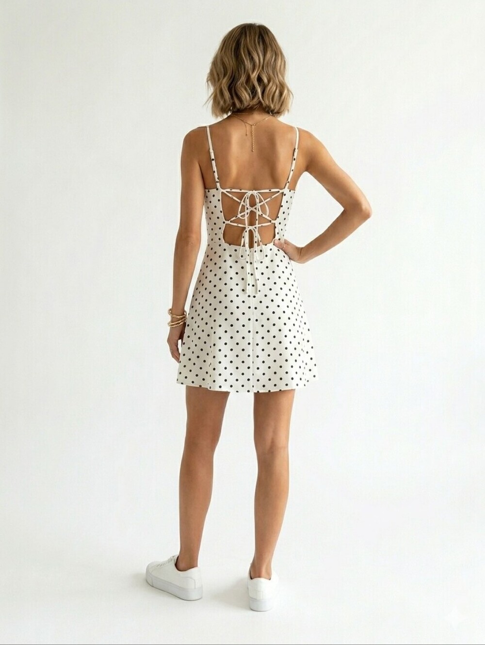 Lulus Polka Dot Lace Up Back Mini Summer Dress White Black Chic Boho Size Large - Picture 11 of 14